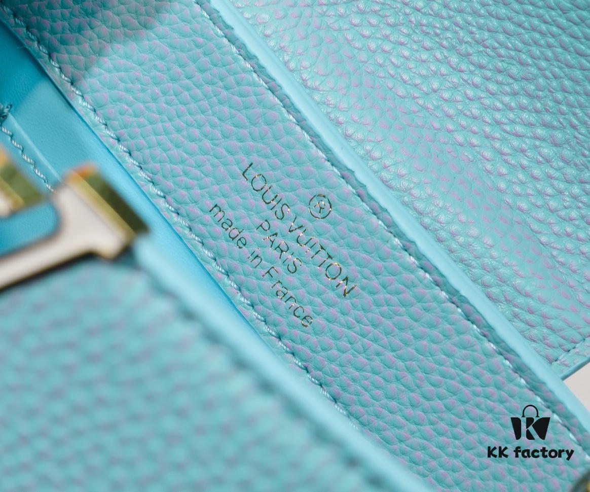 Upgraded M59850 Stellar Pearlized Blue Shell Button Capucines Mini Bag