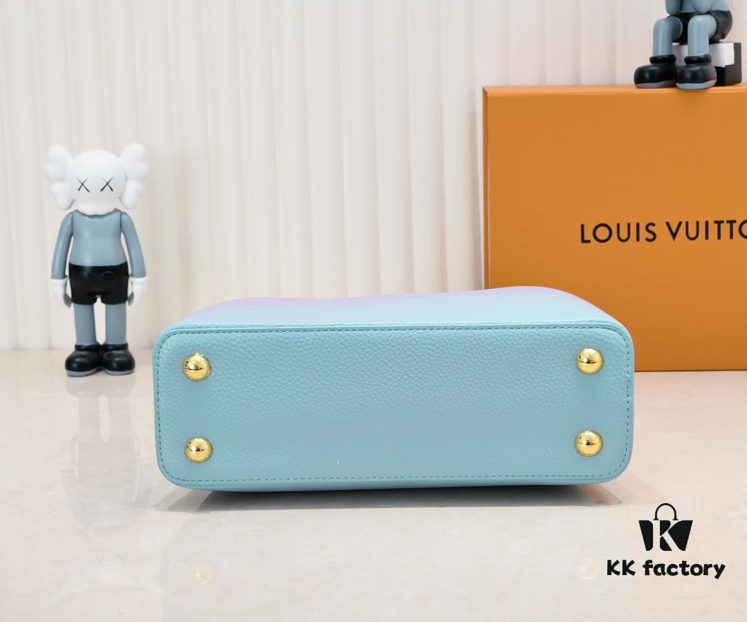 Upgraded M59868 Stellar Pearl Blue Shell Button Capucines BB Bag