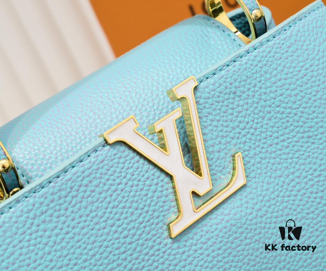 Upgraded M59868 Stellar Pearl Blue Shell Button Capucines BB Bag