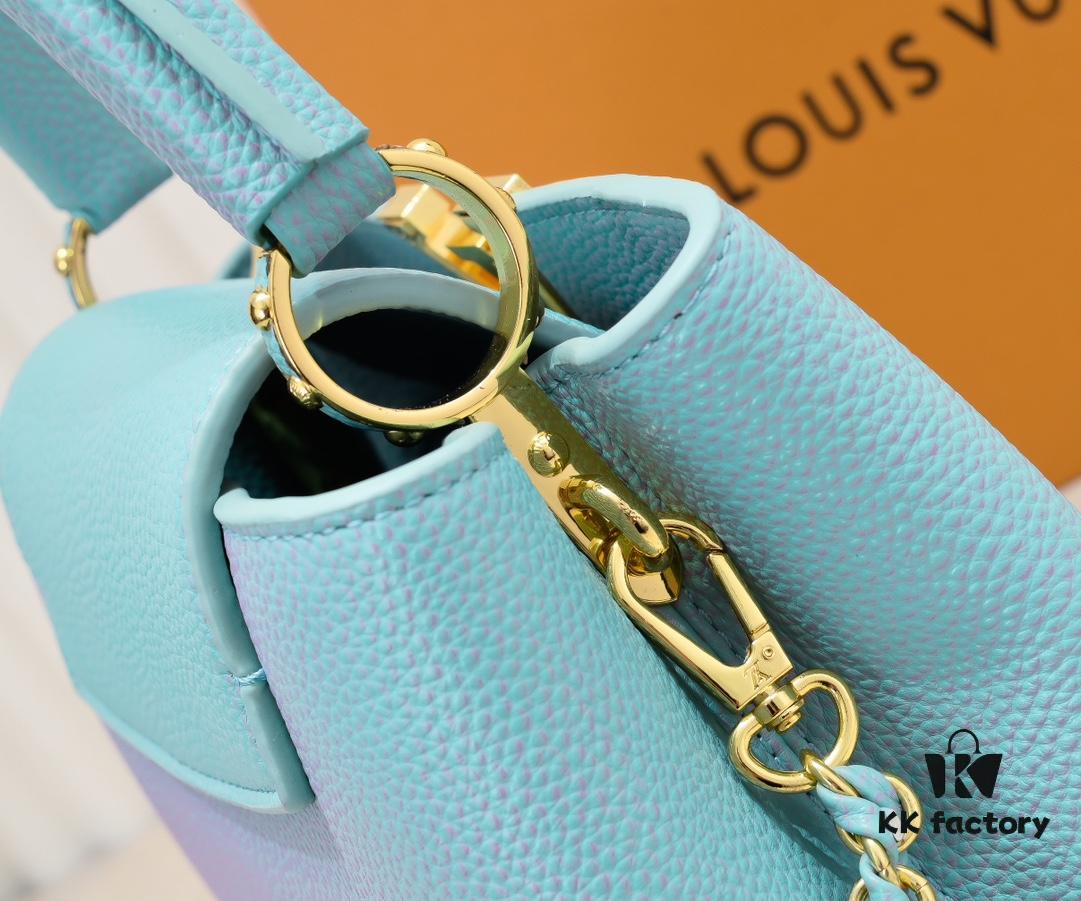 Upgraded M59868 Stellar Pearl Blue Shell Button Capucines BB Bag