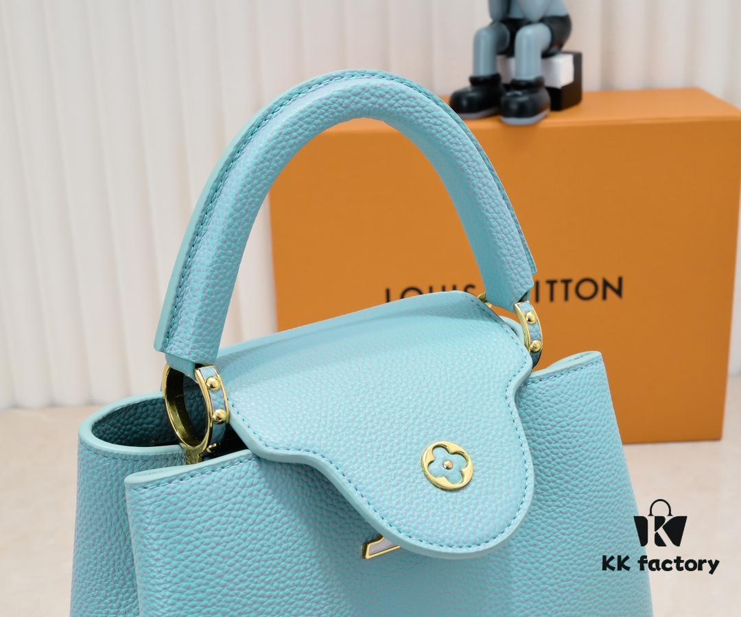 Upgraded M59868 Stellar Pearl Blue Shell Button Capucines BB Bag