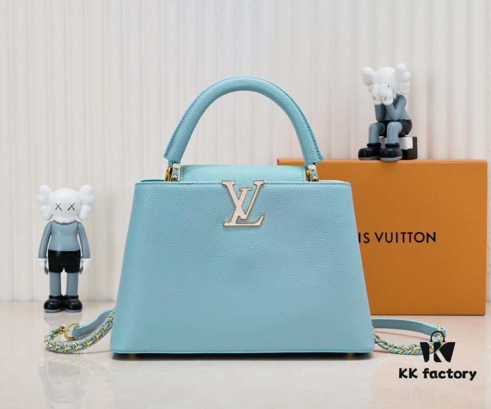 Upgraded M20841 Stellar Pearl Blue Shell Button Capucines MM Handbag