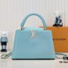 Upgraded M20841 Stellar Pearl Blue Shell Button Capucines MM Handbag