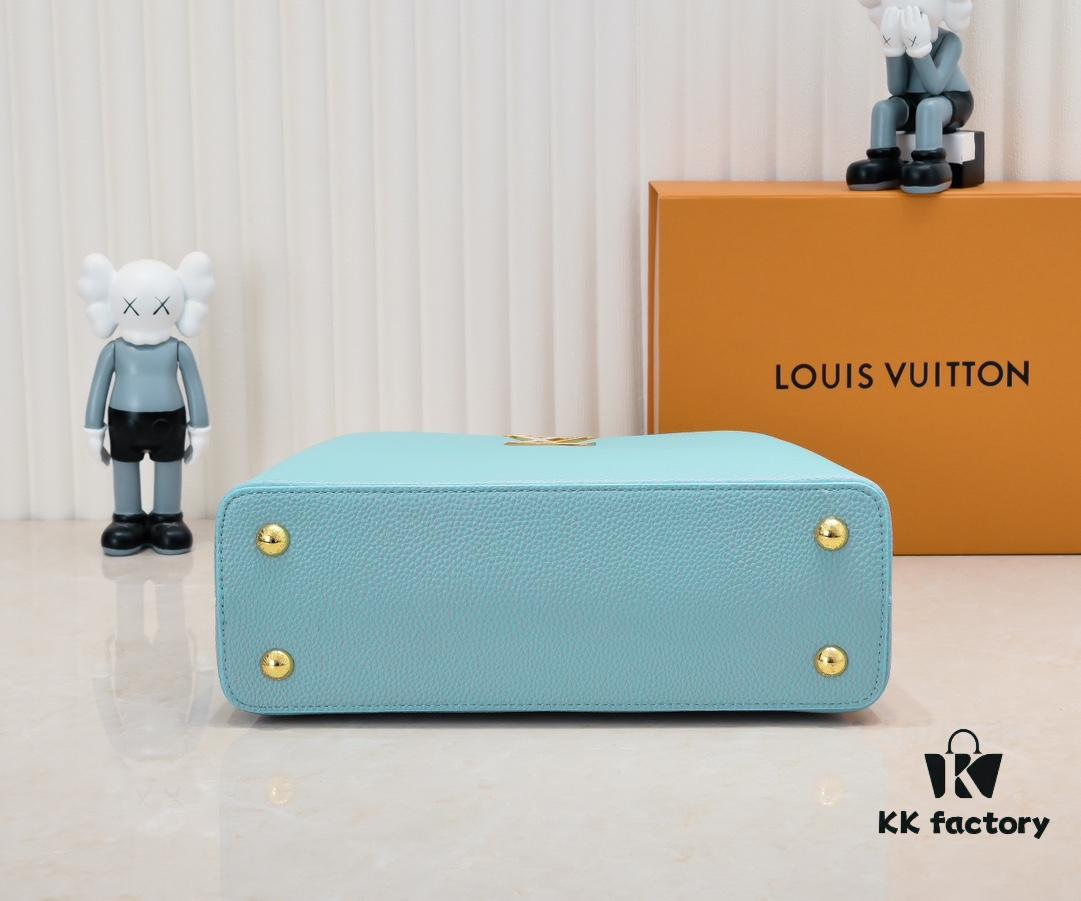 Upgraded M20841 Stellar Pearl Blue Shell Button Capucines MM Handbag