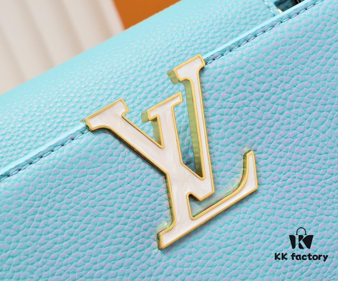 Upgraded M20841 Stellar Pearl Blue Shell Button Capucines MM Handbag