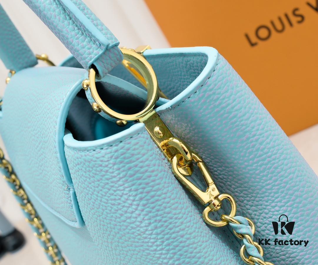 Upgraded M20841 Stellar Pearl Blue Shell Button Capucines MM Handbag