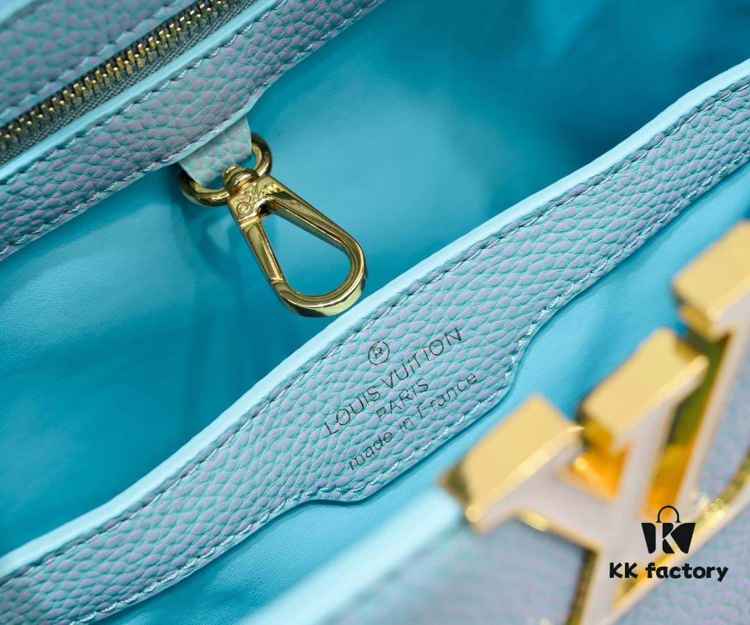 Upgraded M20841 Stellar Pearl Blue Shell Button Capucines MM Handbag