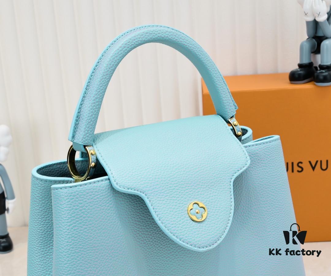 Upgraded M20841 Stellar Pearl Blue Shell Button Capucines MM Handbag