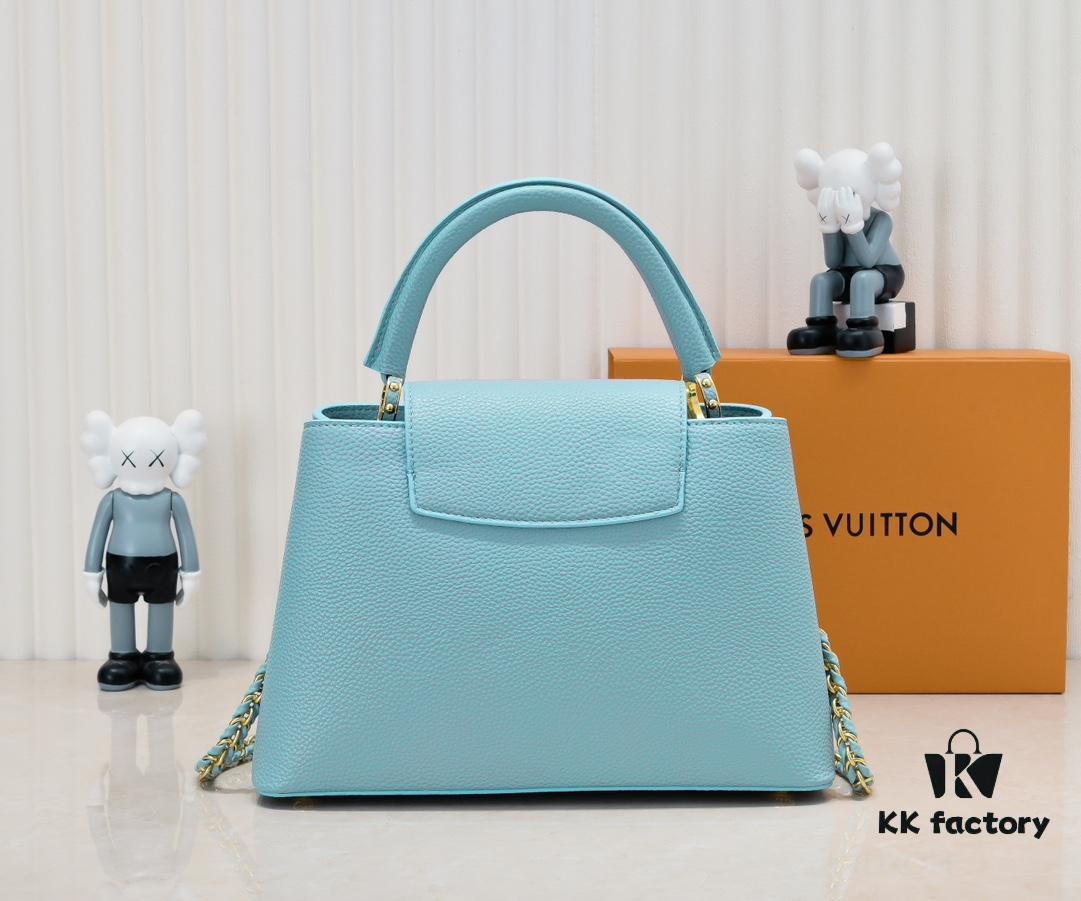 Upgraded M20841 Stellar Pearl Blue Shell Button Capucines MM Handbag