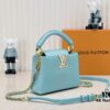 Upgraded M59850 Stellar Pearlized Blue Shell Button Capucines Mini Bag