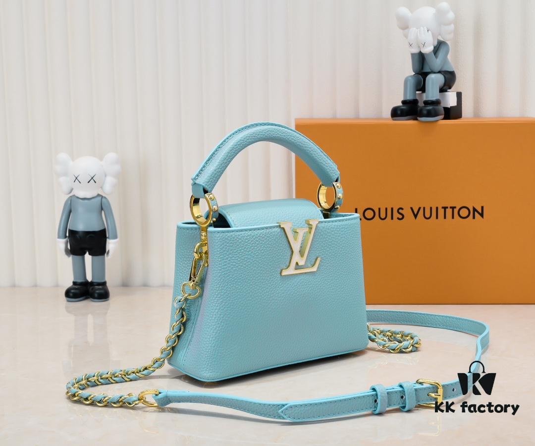 Upgraded M59850 Stellar Pearlized Blue Shell Button Capucines Mini Bag