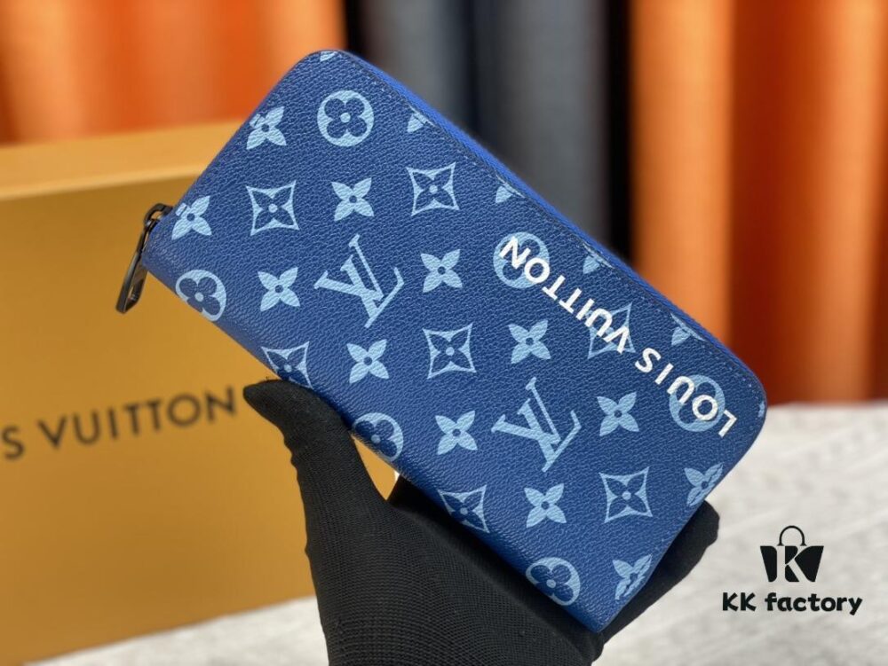 LV Wallet 63095 Blue with Coffee Trim Men's Vertical Zip Wallet Durable Damier Graphite Canvas Stylish and Elegant