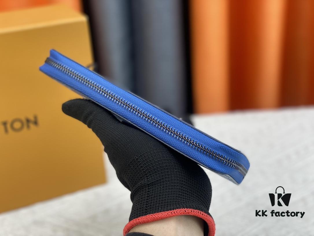 LV Wallet 63095 Blue with Coffee Trim Men's Vertical Zip Wallet Durable Damier Graphite Canvas Stylish and Elegant