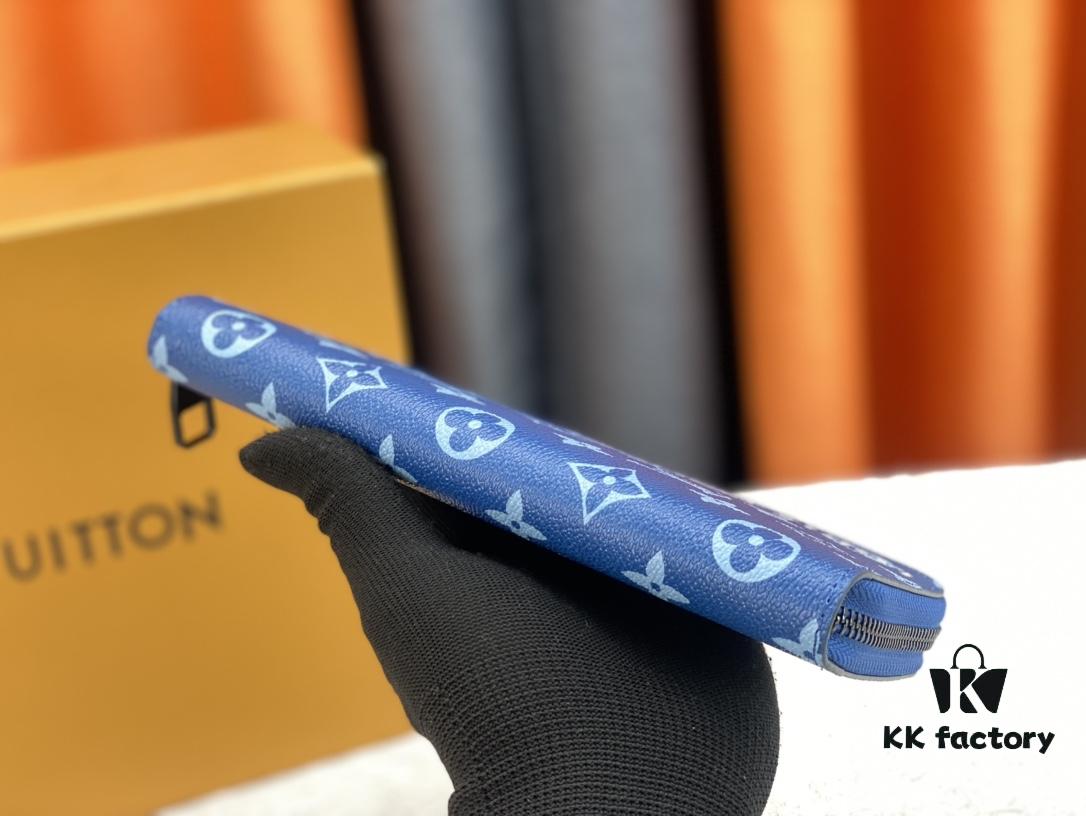 LV Wallet 63095 Blue with Coffee Trim Men's Vertical Zip Wallet Durable Damier Graphite Canvas Stylish and Elegant