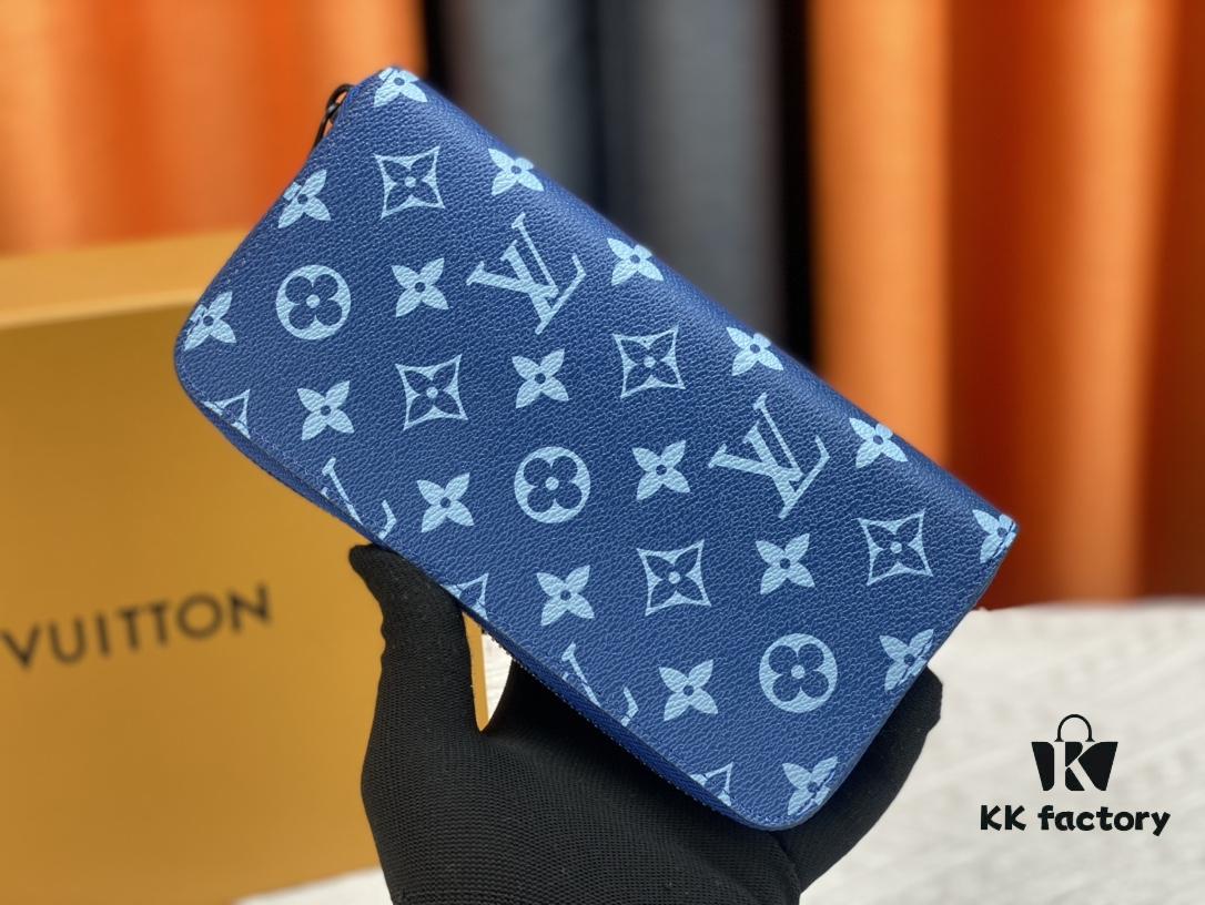 LV Wallet 63095 Blue with Coffee Trim Men's Vertical Zip Wallet Durable Damier Graphite Canvas Stylish and Elegant