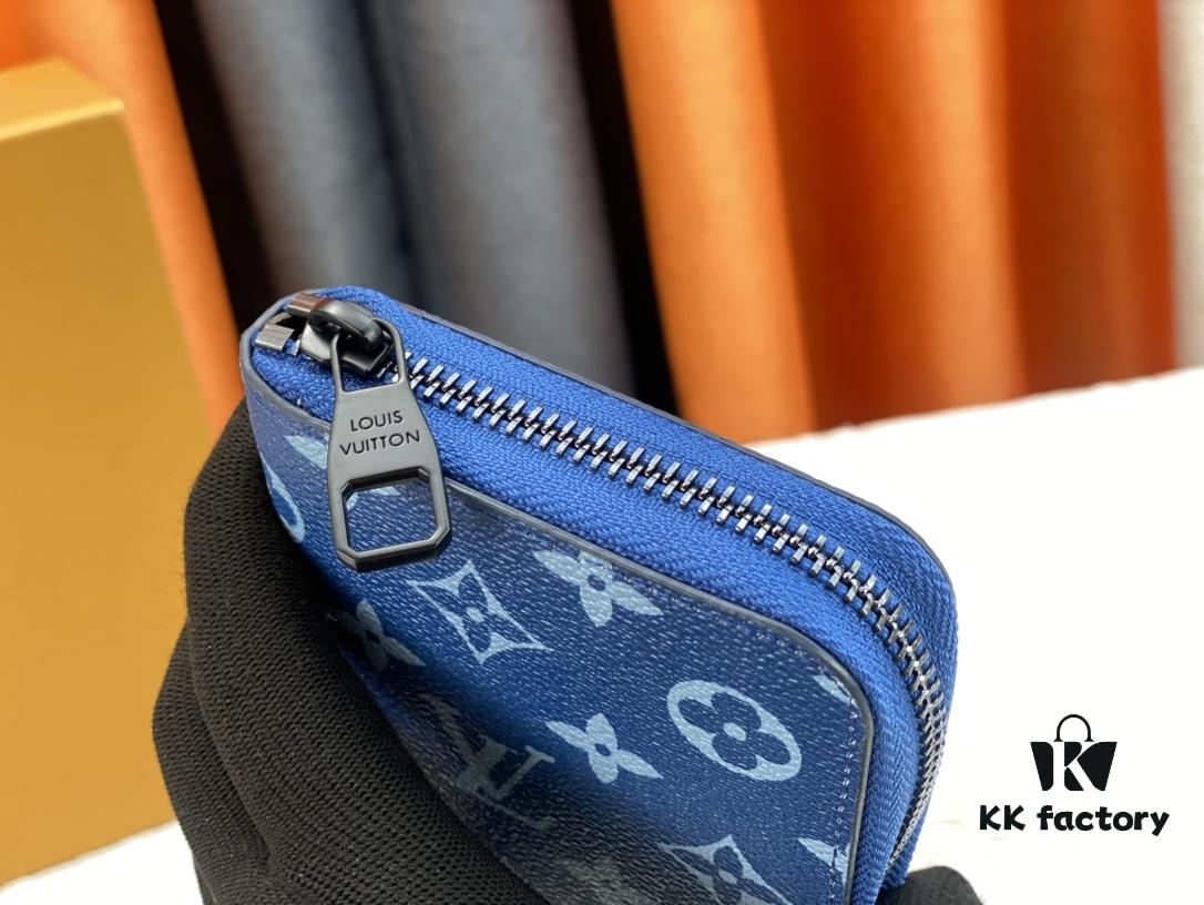 LV Wallet 63095 Blue with Coffee Trim Men's Vertical Zip Wallet Durable Damier Graphite Canvas Stylish and Elegant