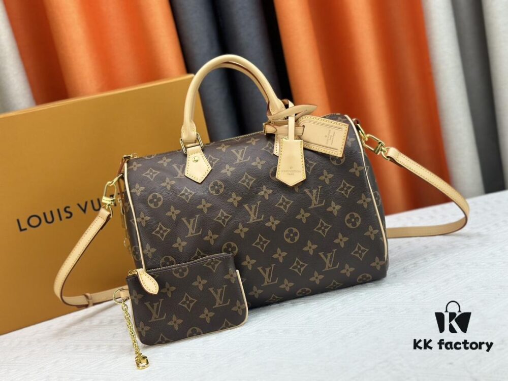 New LV 2024 Spring/Summer Non-Dong Design Speedy Safety Lock, Polished Heavy Carving, Hardware Luggage Tag, Key Fob with Dove Engraving, Italian Imported Color-Changing Yellow Leather Trim Adjustable Shoulder Strap Lock