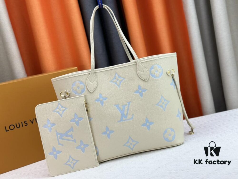 NEVERFULL MM Tote Bag M45684 M45685 M40995 (Embossed) Monogram Montana Leather Handbag in Pink with Cream Stripes