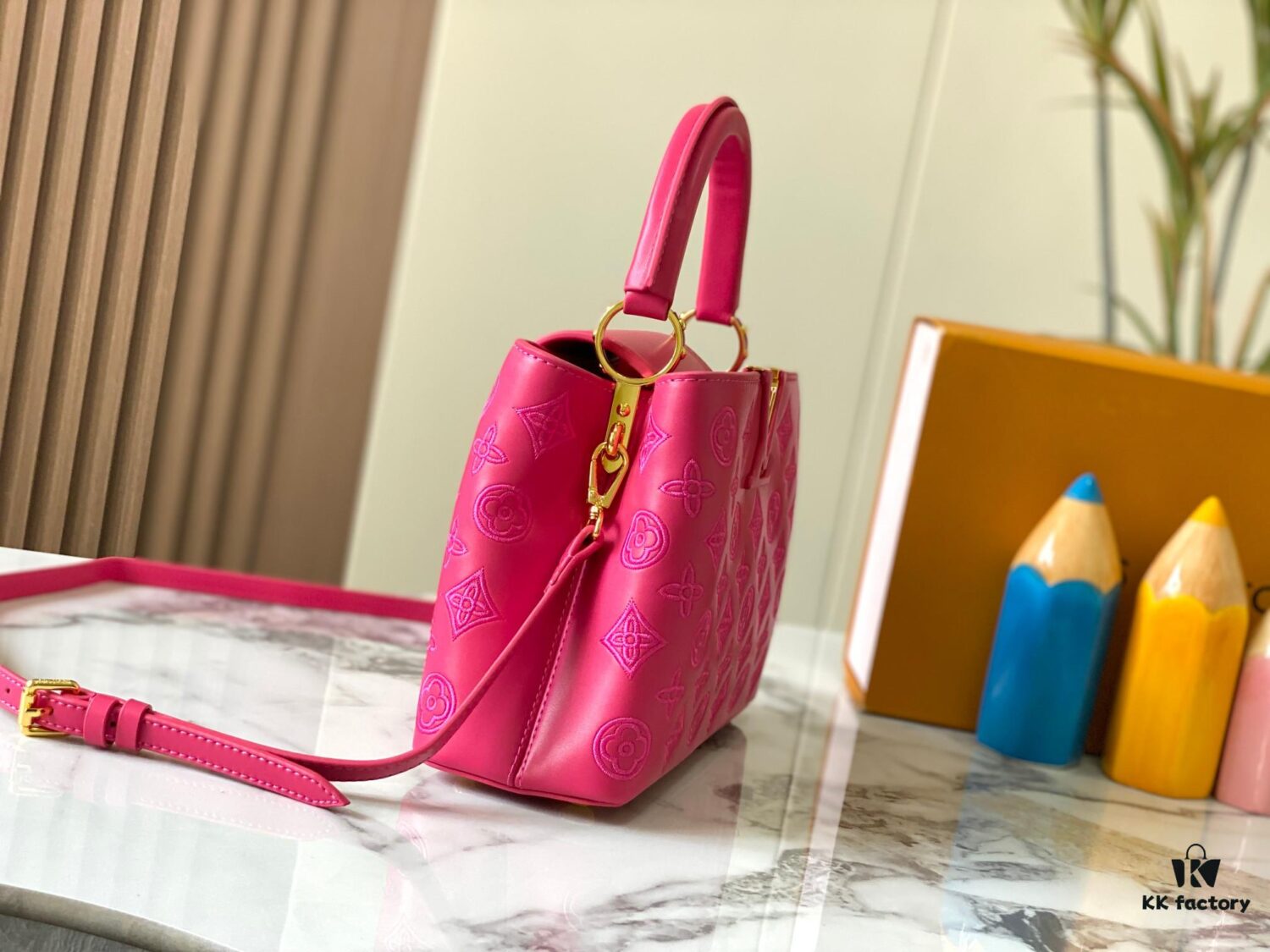 Upgraded M20742 LV Broderie Anglaise Embroidered Gold Button Capucines BB Bag