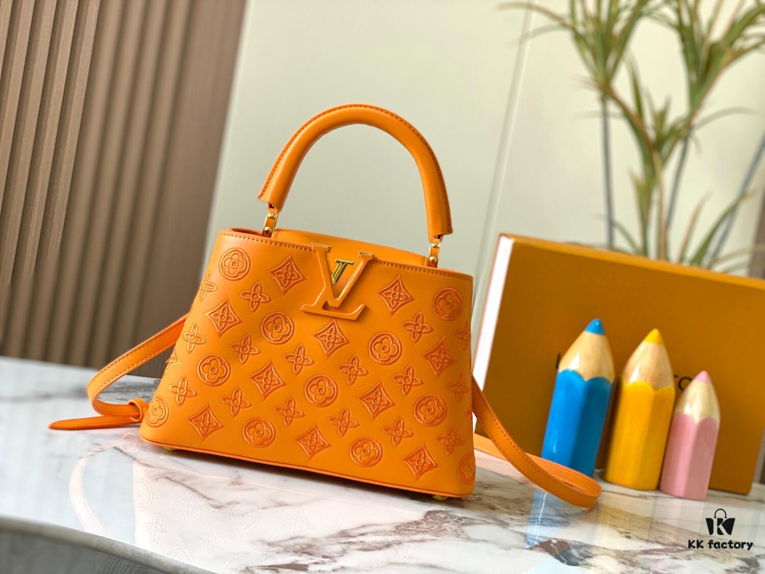 Upgraded M20742 LV Broderie Anglaise Embroidered Gold Button Capucines BB Bag