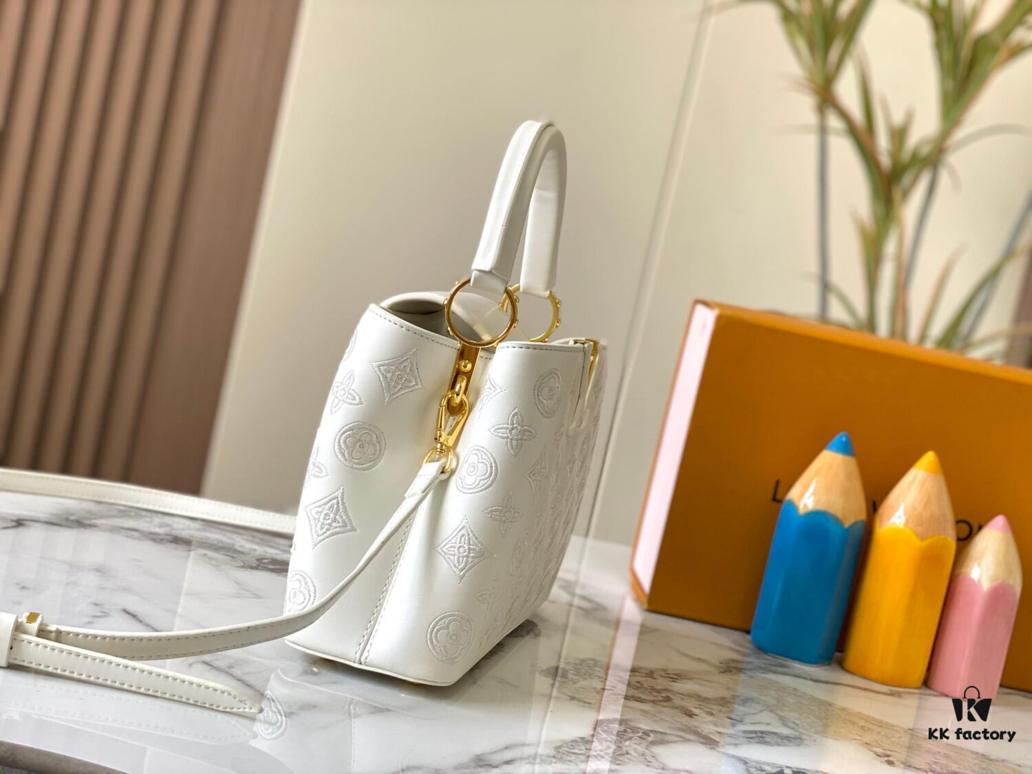 Upgraded M20742 Broderie Anglaise Embroidered Gold Button Capucines BB Bag