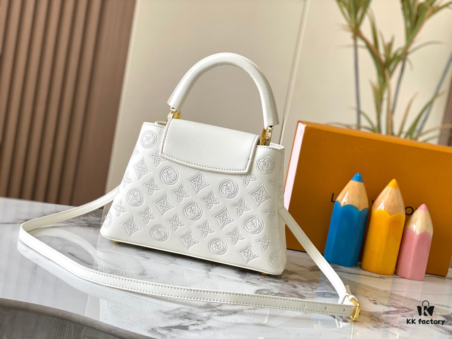 Upgraded M20742 Broderie Anglaise Embroidered Gold Button Capucines BB Bag