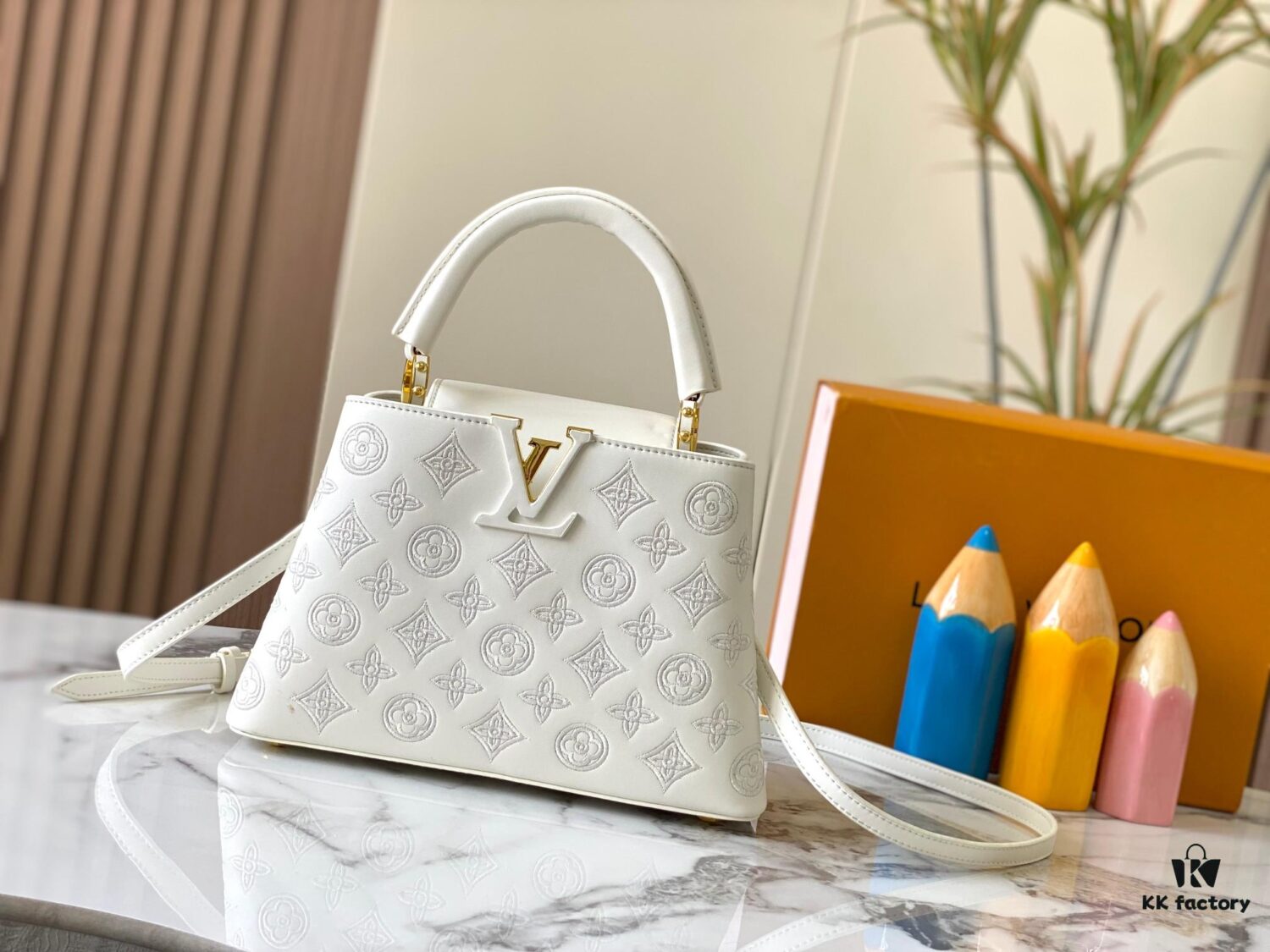 Upgraded M20742 Broderie Anglaise Embroidered Gold Button Capucines BB Bag