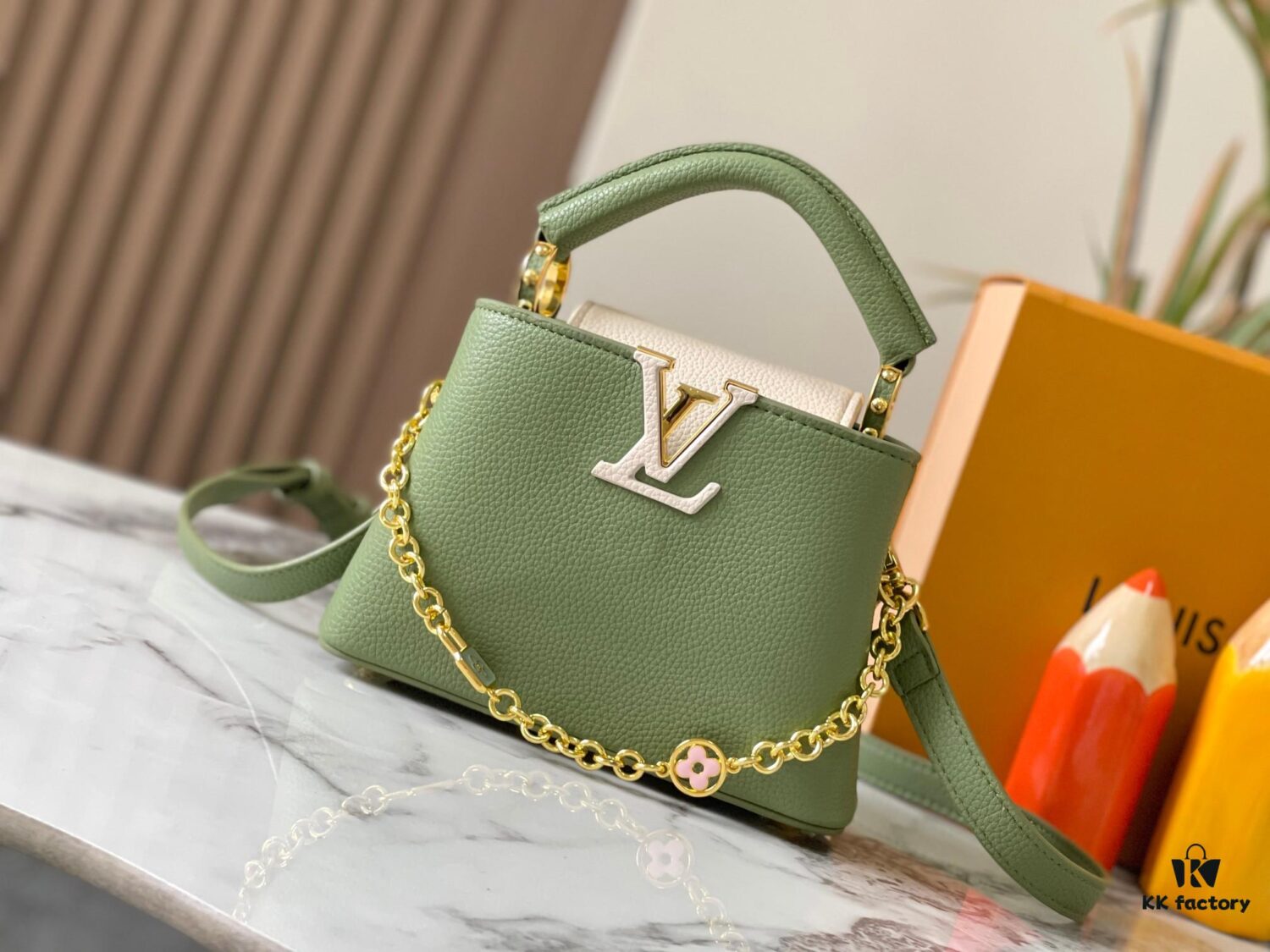 Upgraded M23950 Green Mini Capucines Handbag with Lovelock Chain