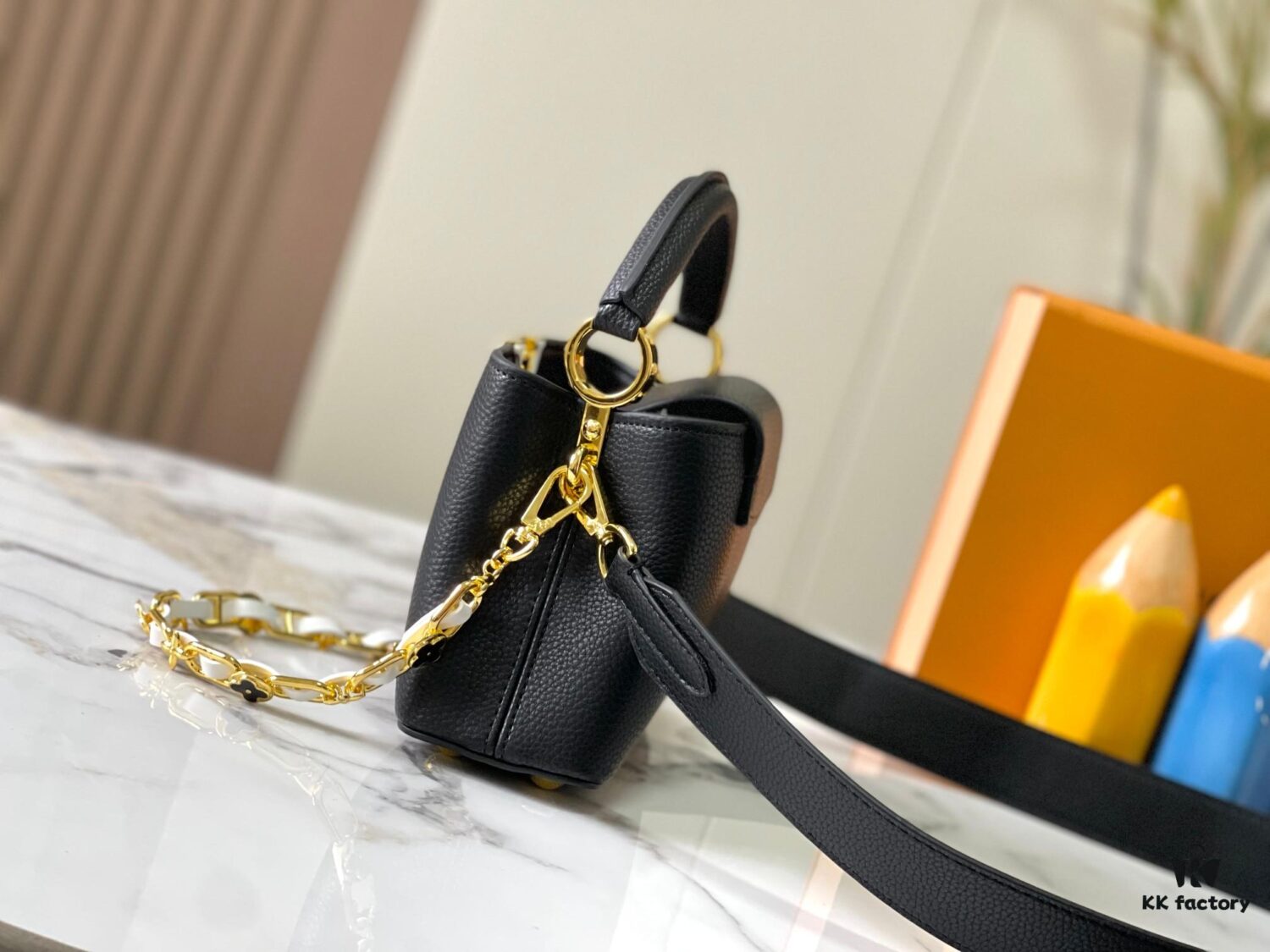 Upgraded M23198 Black Gold-Tone Capucines Mini Handbag