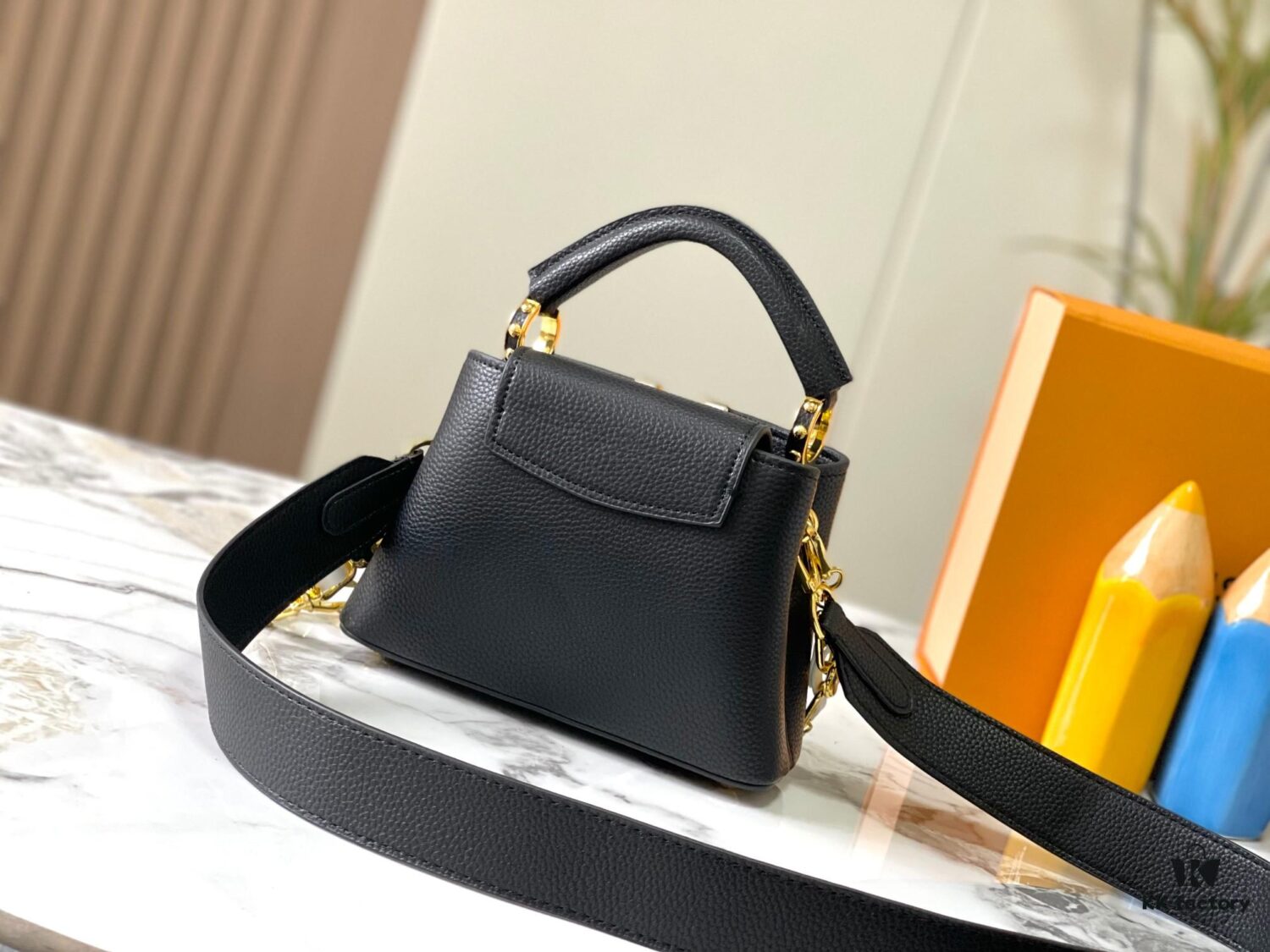 Upgraded M23198 Black Gold-Tone Capucines Mini Handbag