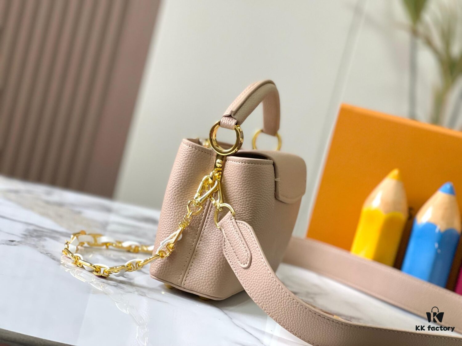 Upgraded M23198 Beige Gold-Tone Capucines Mini Handbag