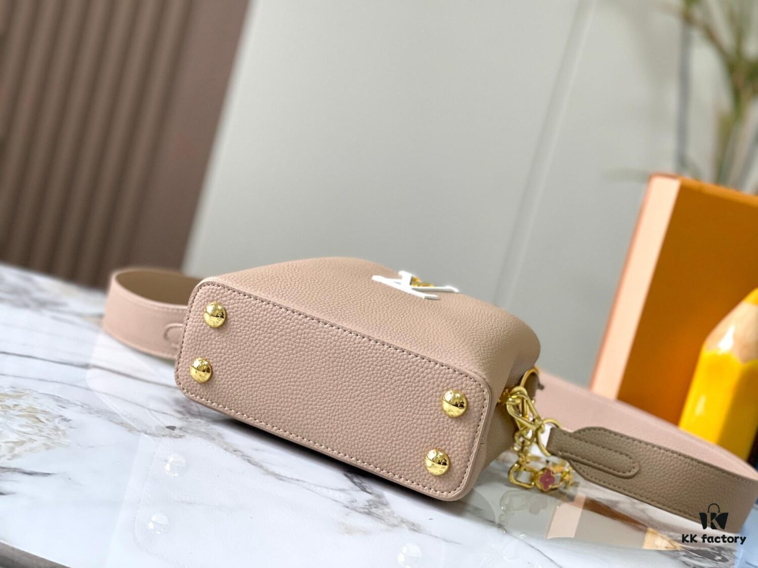 Upgraded M23198 Beige Gold-Tone Capucines Mini Handbag