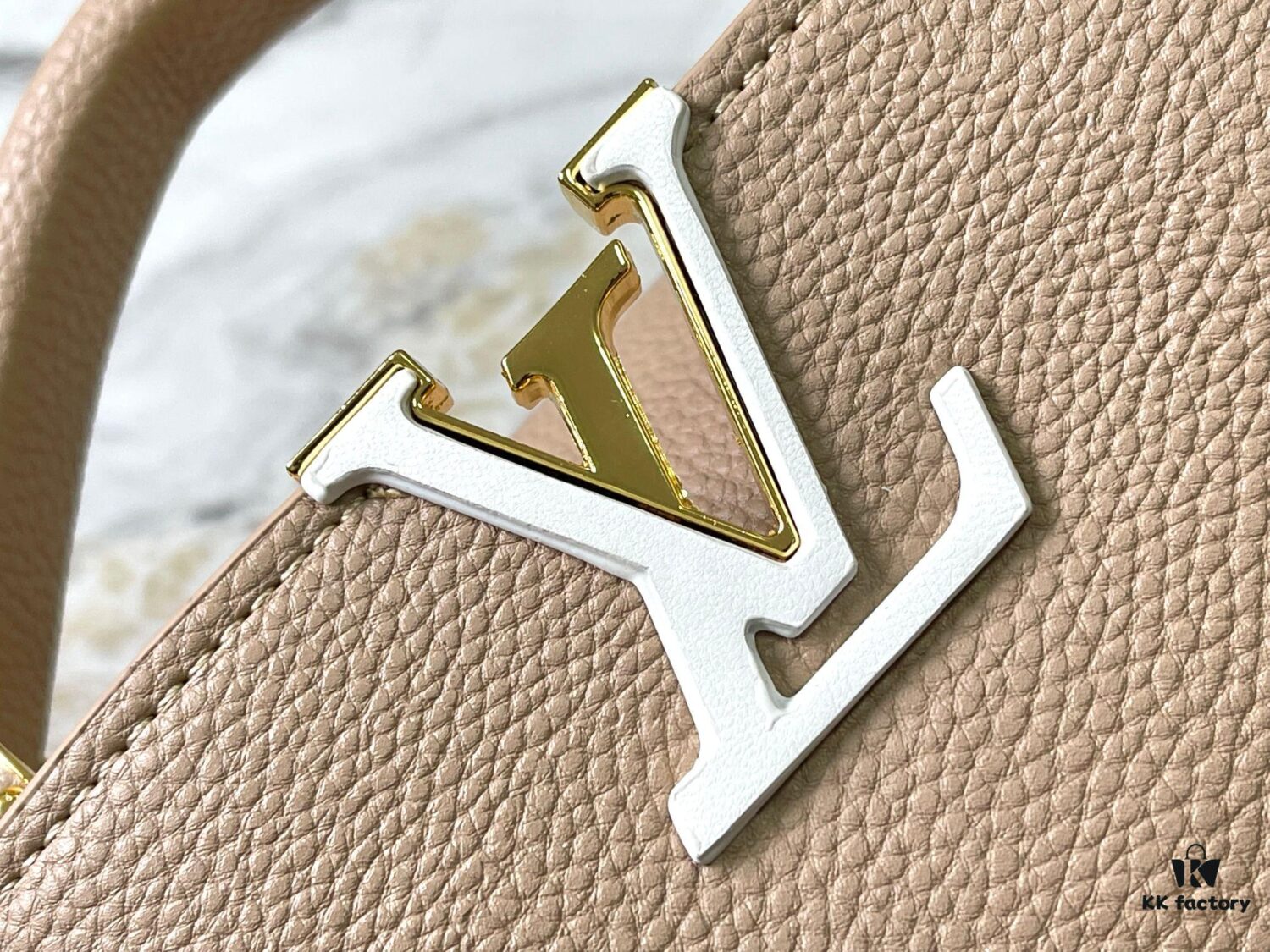 Upgraded M23198 Beige Gold-Tone Capucines Mini Handbag