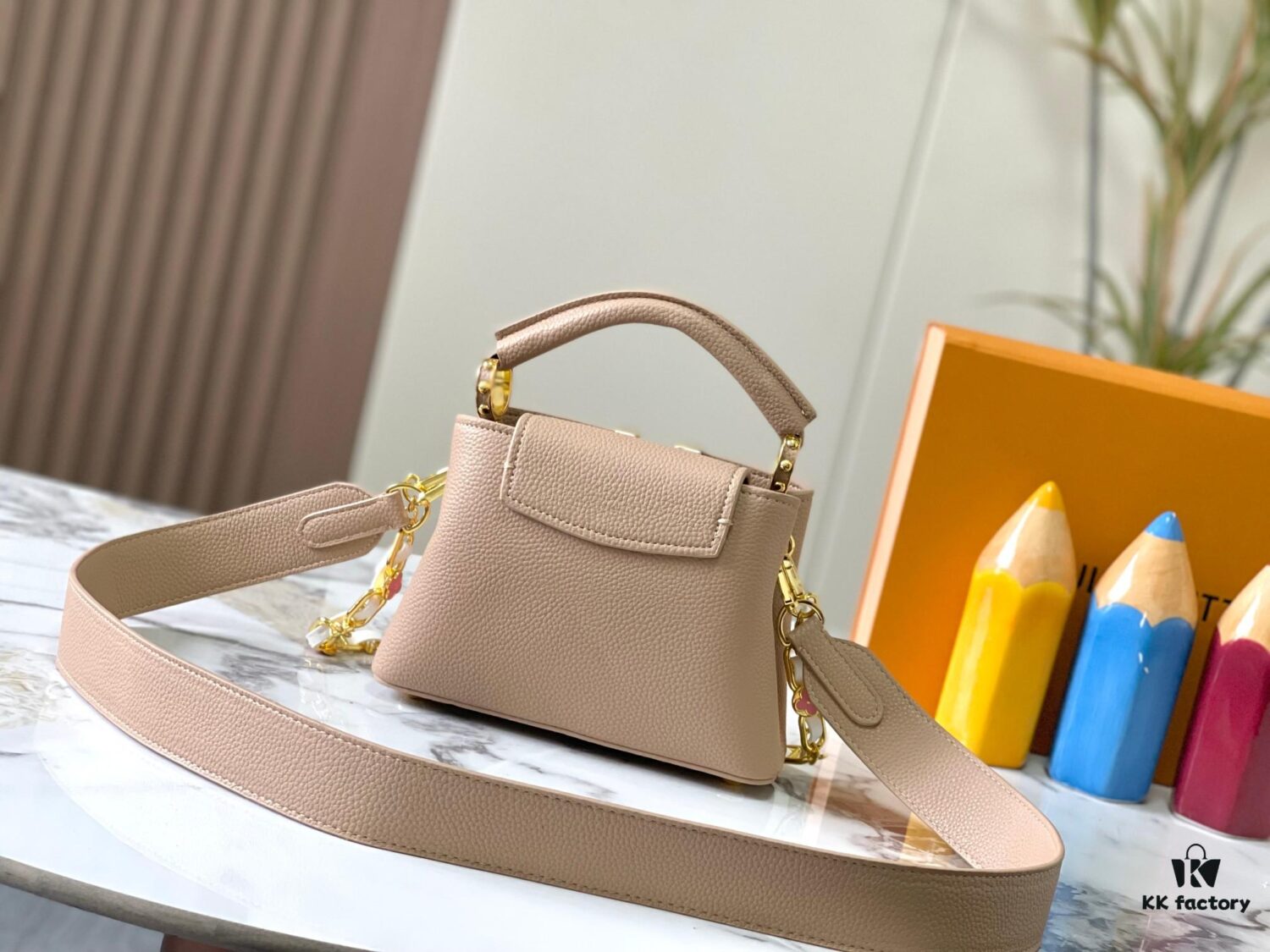 Upgraded M23198 Beige Gold-Tone Capucines Mini Handbag