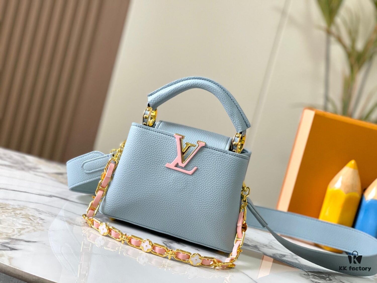 Upgraded M23198 Sky Blue with Gold-Tone Hardware Capucines Mini Handbag