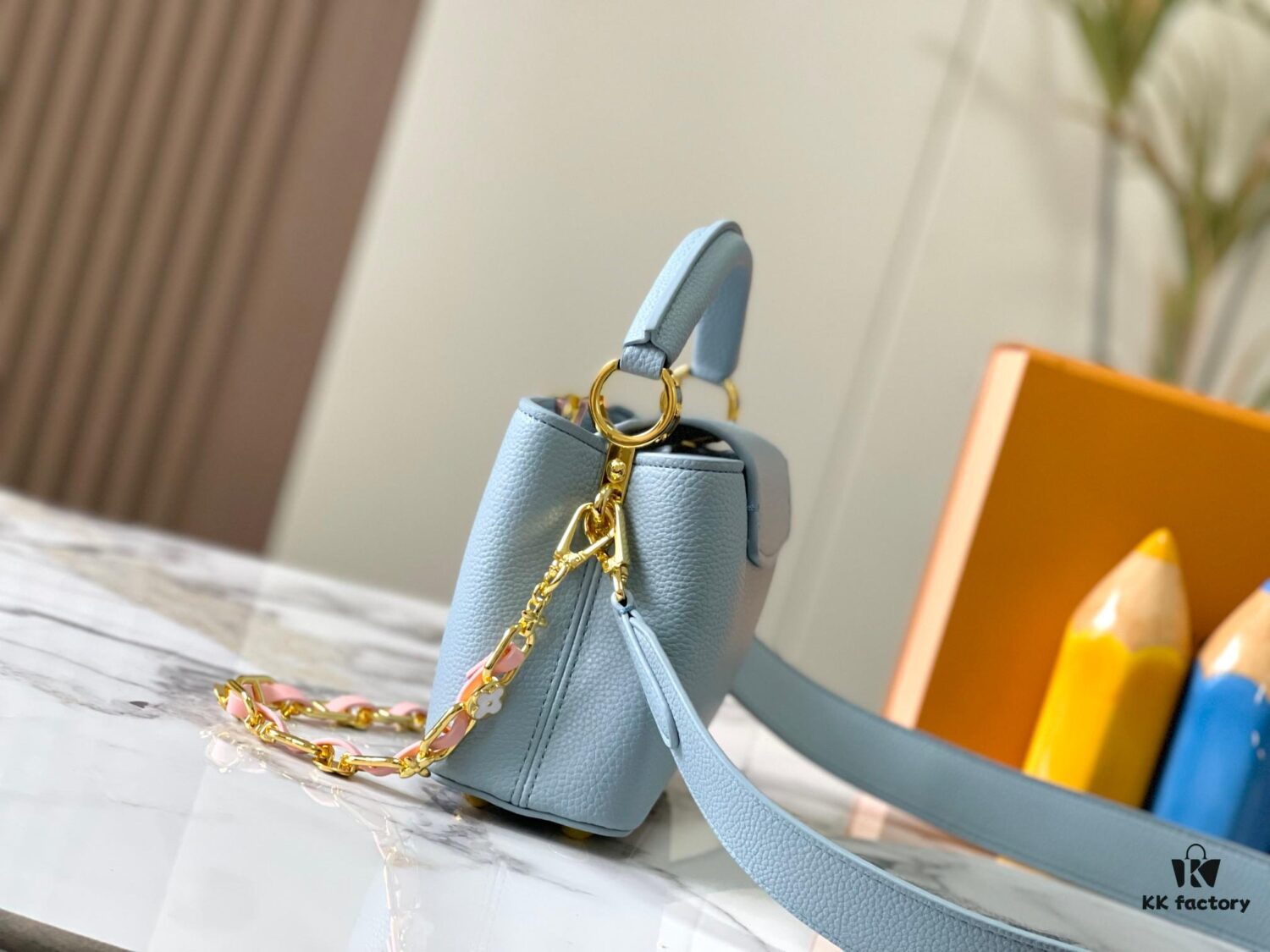 Upgraded M23198 Sky Blue with Gold-Tone Hardware Capucines Mini Handbag