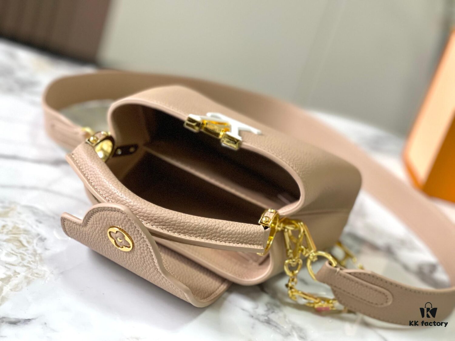 Upgraded M23198 Beige Gold-Tone Capucines Mini Handbag