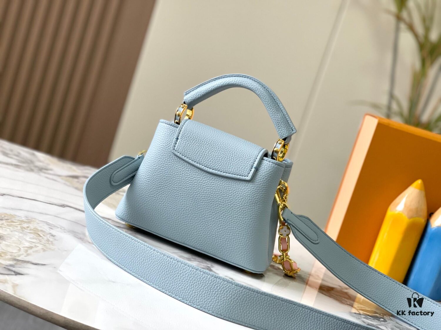 Upgraded M23198 Sky Blue with Gold-Tone Hardware Capucines Mini Handbag