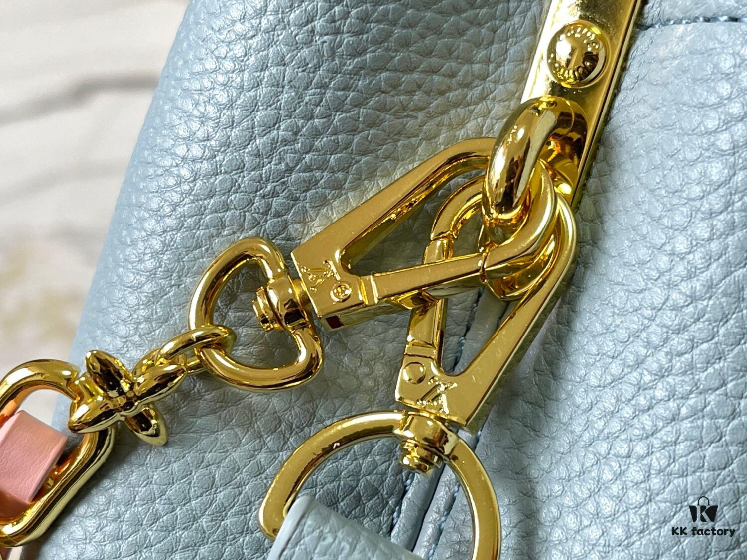 Upgraded M23198 Sky Blue with Gold-Tone Hardware Capucines Mini Handbag