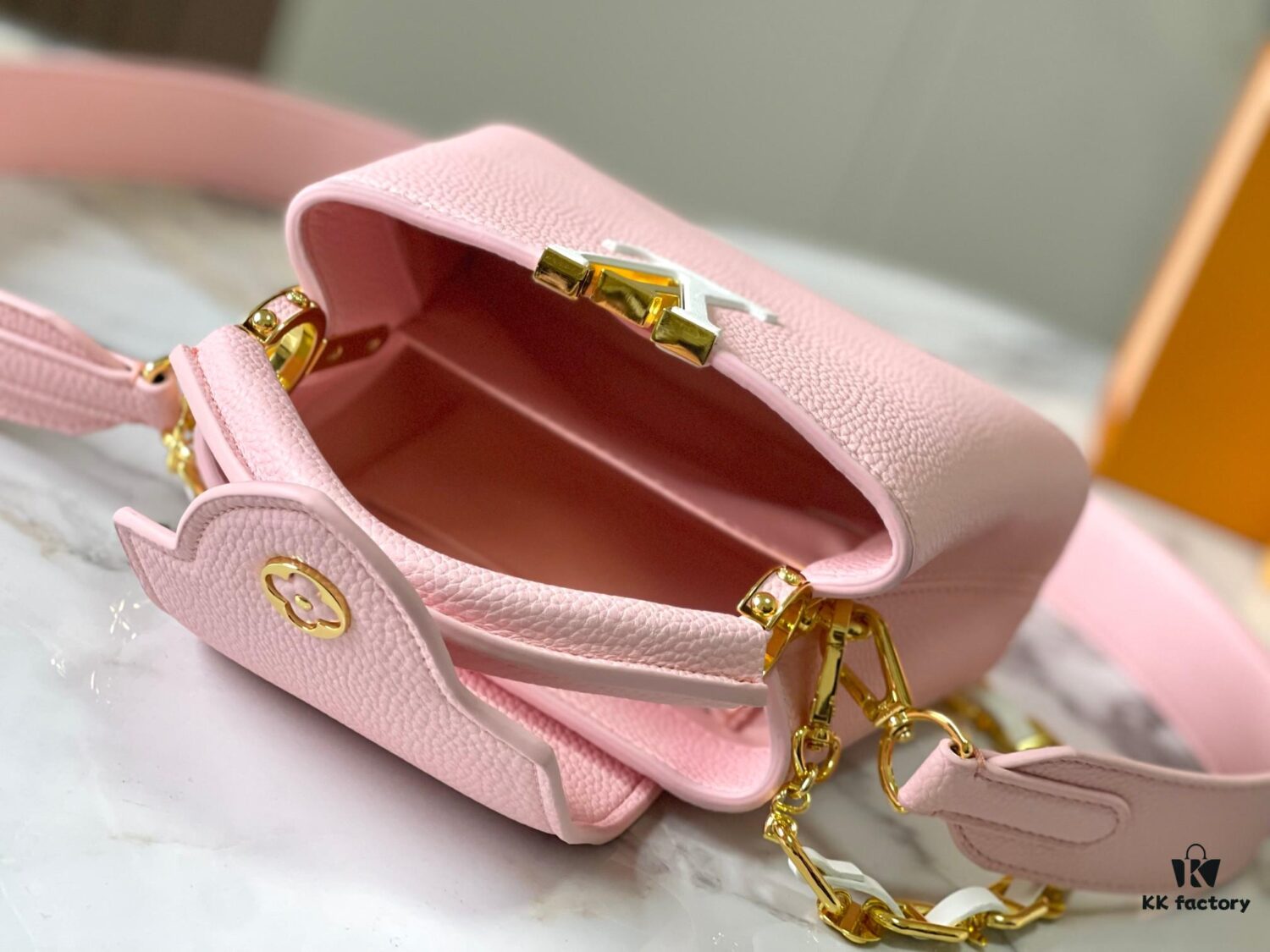 Upgraded M23198 Pink Gold-Tone Capucines Mini Handbag