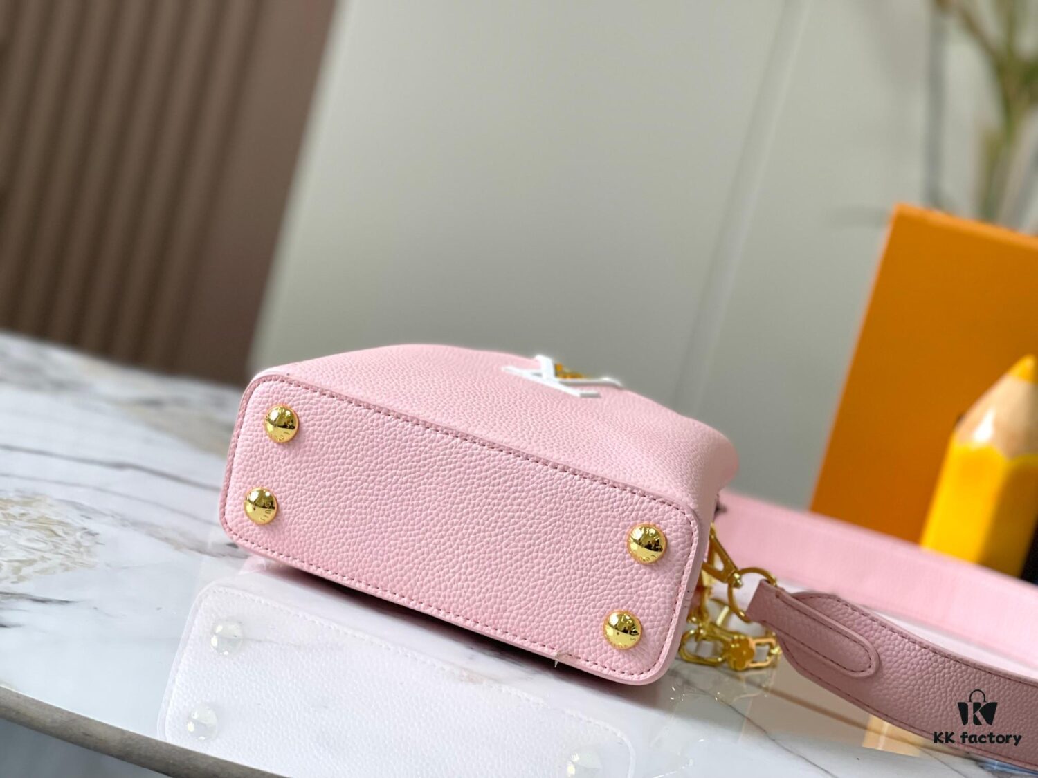 Upgraded M23198 Pink Gold-Tone Capucines Mini Handbag