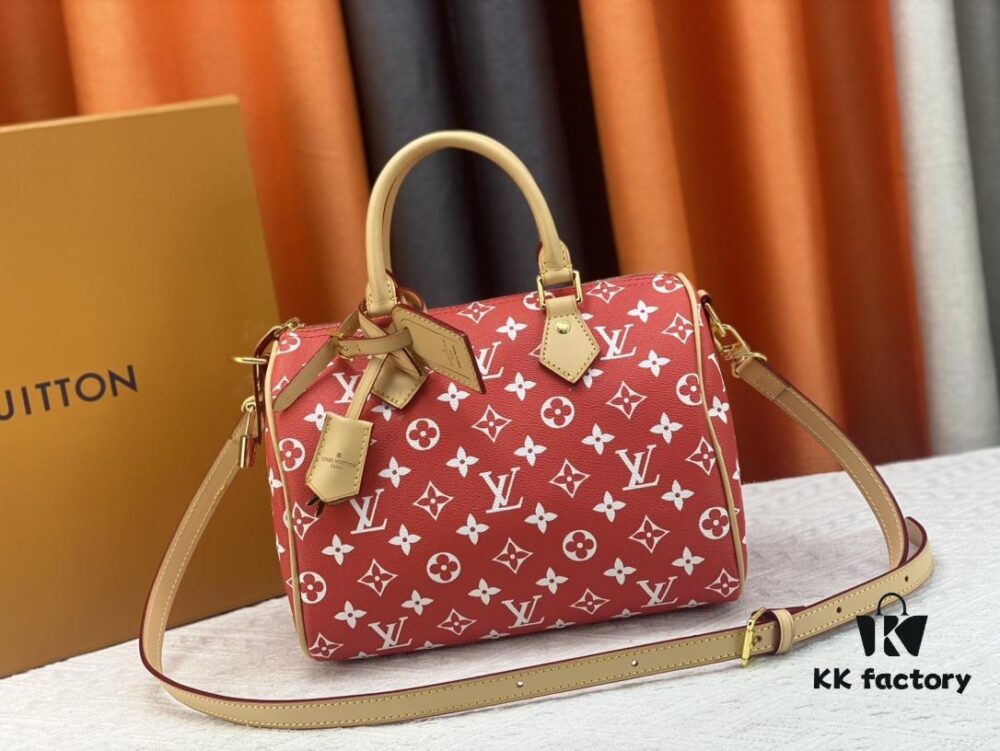 New LV 2024 Spring/Summer Non-Dong Design Speedy Safety Lock, Polished Heavy Carving, Metal Luggage Tag, Key Fob with Dove Engraving, Italian Imported Color-Changing Yellow Leather Trim Adjustable Shoulder Strap Lock