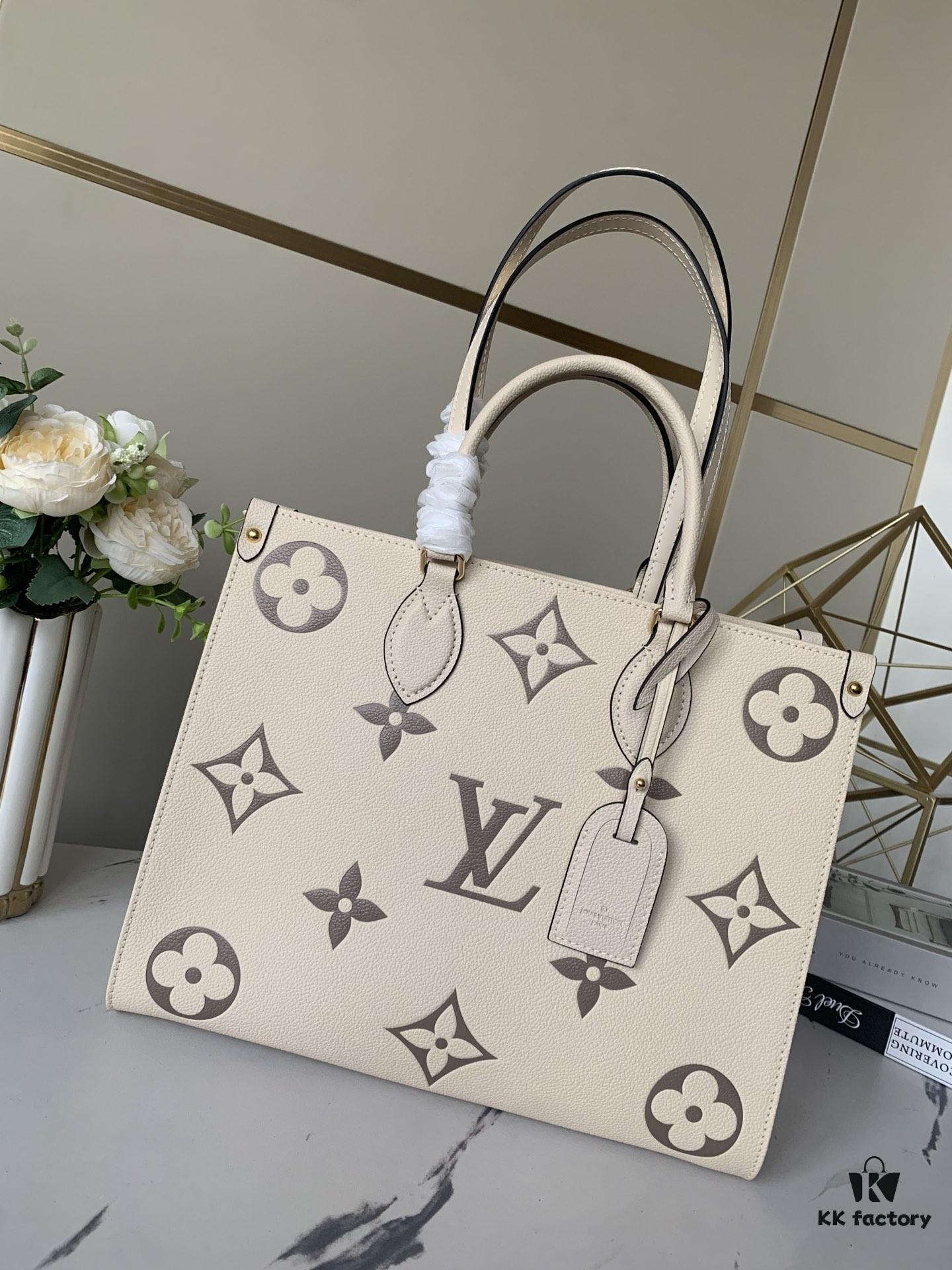Top-Grade Full-Grain Genuine Leather Louis Vuitton M45493 Cream White OnTheGo Medium Tote Bag