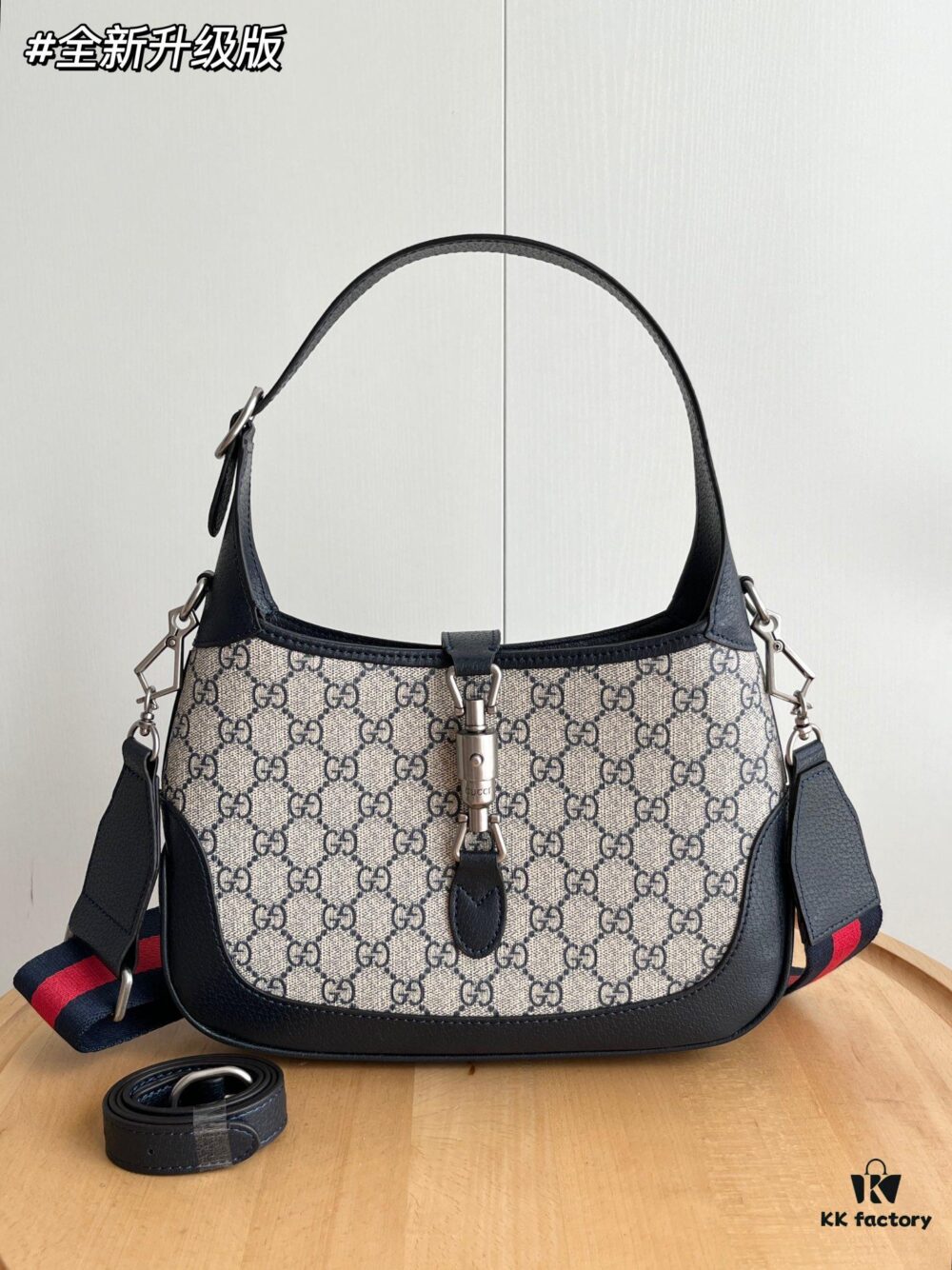 Gucci UN3AG 1294 Jackie 1961 Small Tote Bag - Black and Ivory GG Denim Jacquard with Leather Trim