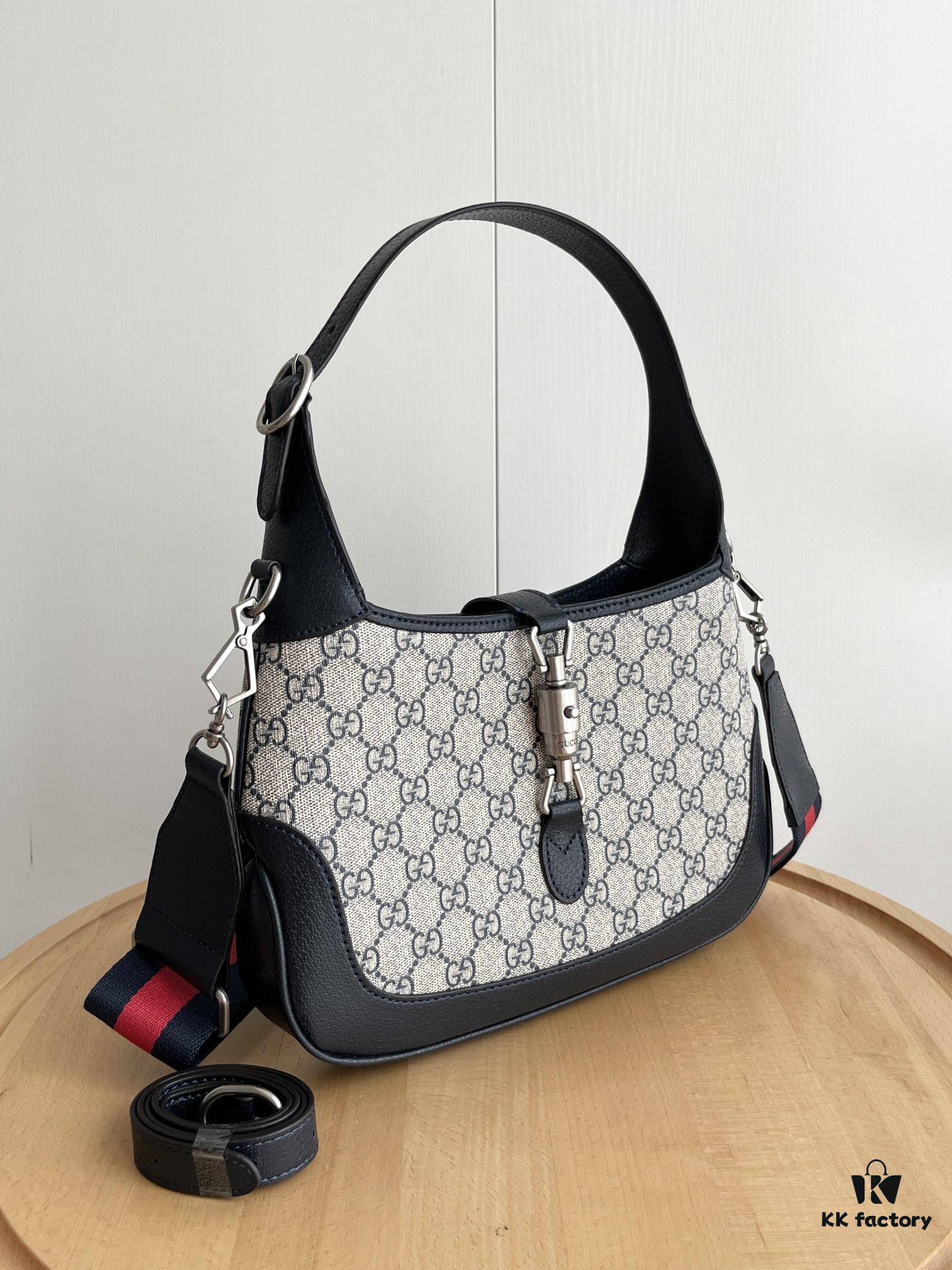 Gucci UN3AG 1294 Jackie 1961 Small Tote Bag - Black and Ivory GG Denim Jacquard with Leather Trim