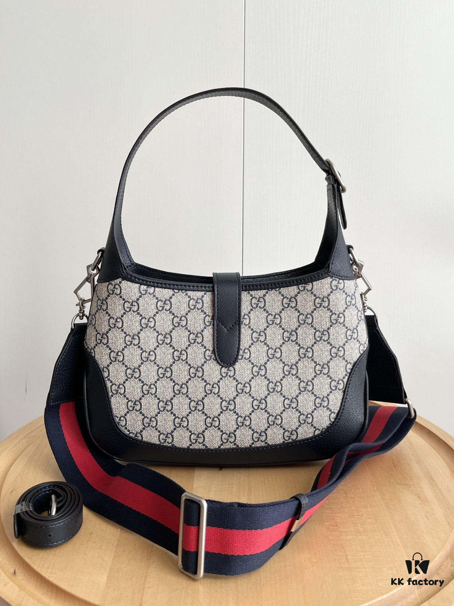 Gucci UN3AG 1294 Jackie 1961 Small Tote Bag - Black and Ivory GG Denim Jacquard with Leather Trim