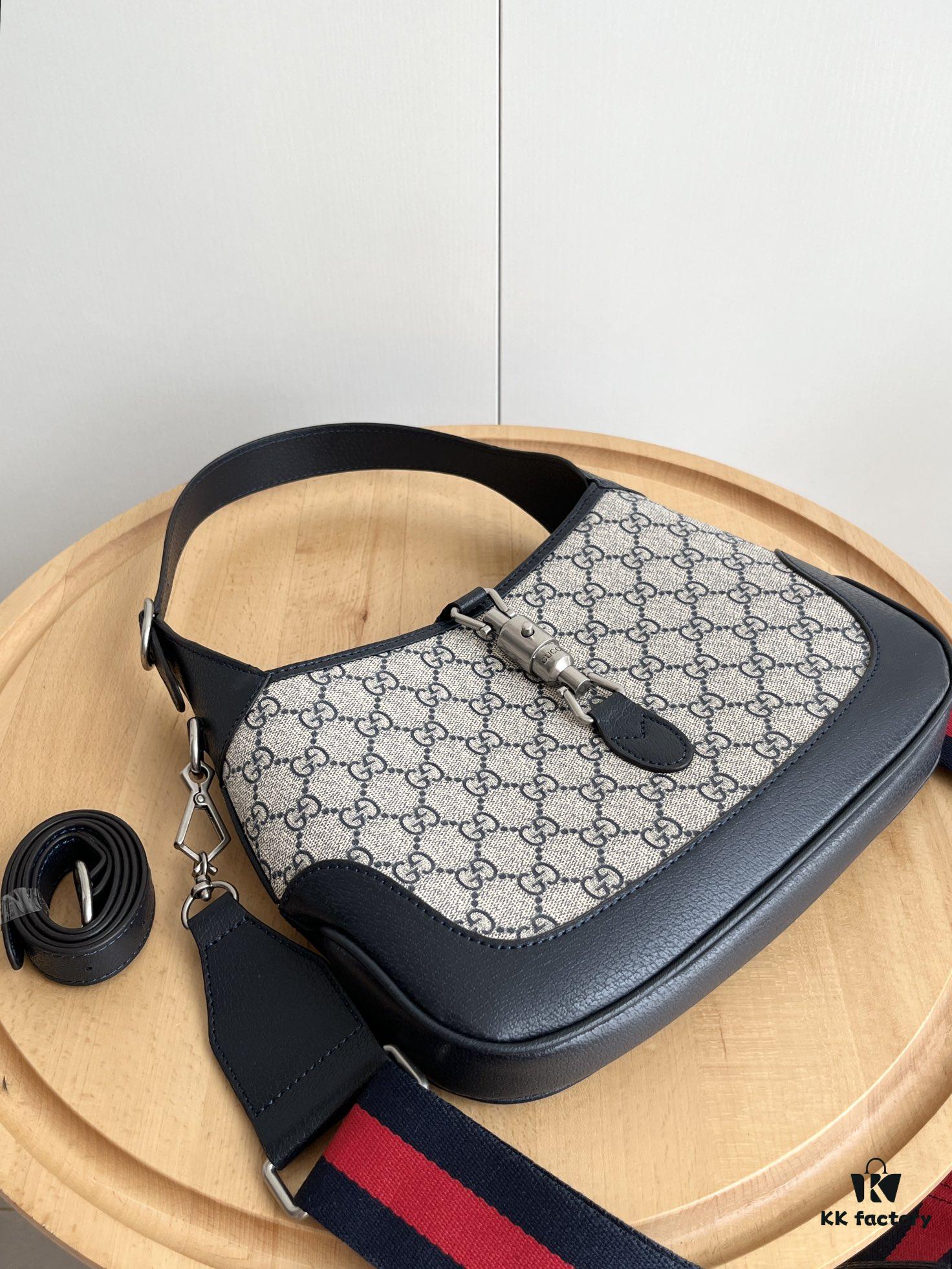 Gucci UN3AG 1294 Jackie 1961 Small Tote Bag - Black and Ivory GG Denim Jacquard with Leather Trim