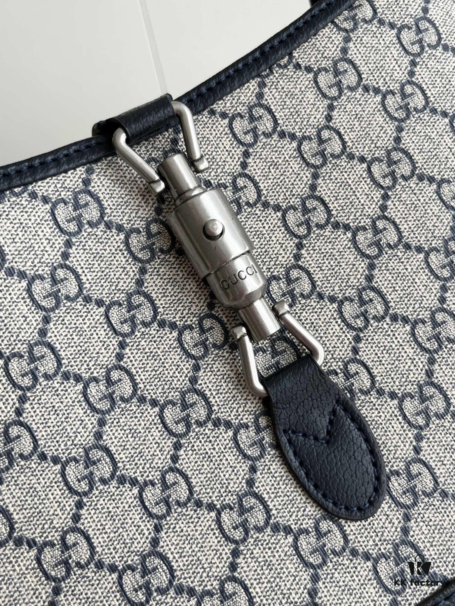 Gucci UN3AG 1294 Jackie 1961 Small Tote Bag - Black and Ivory GG Denim Jacquard with Leather Trim