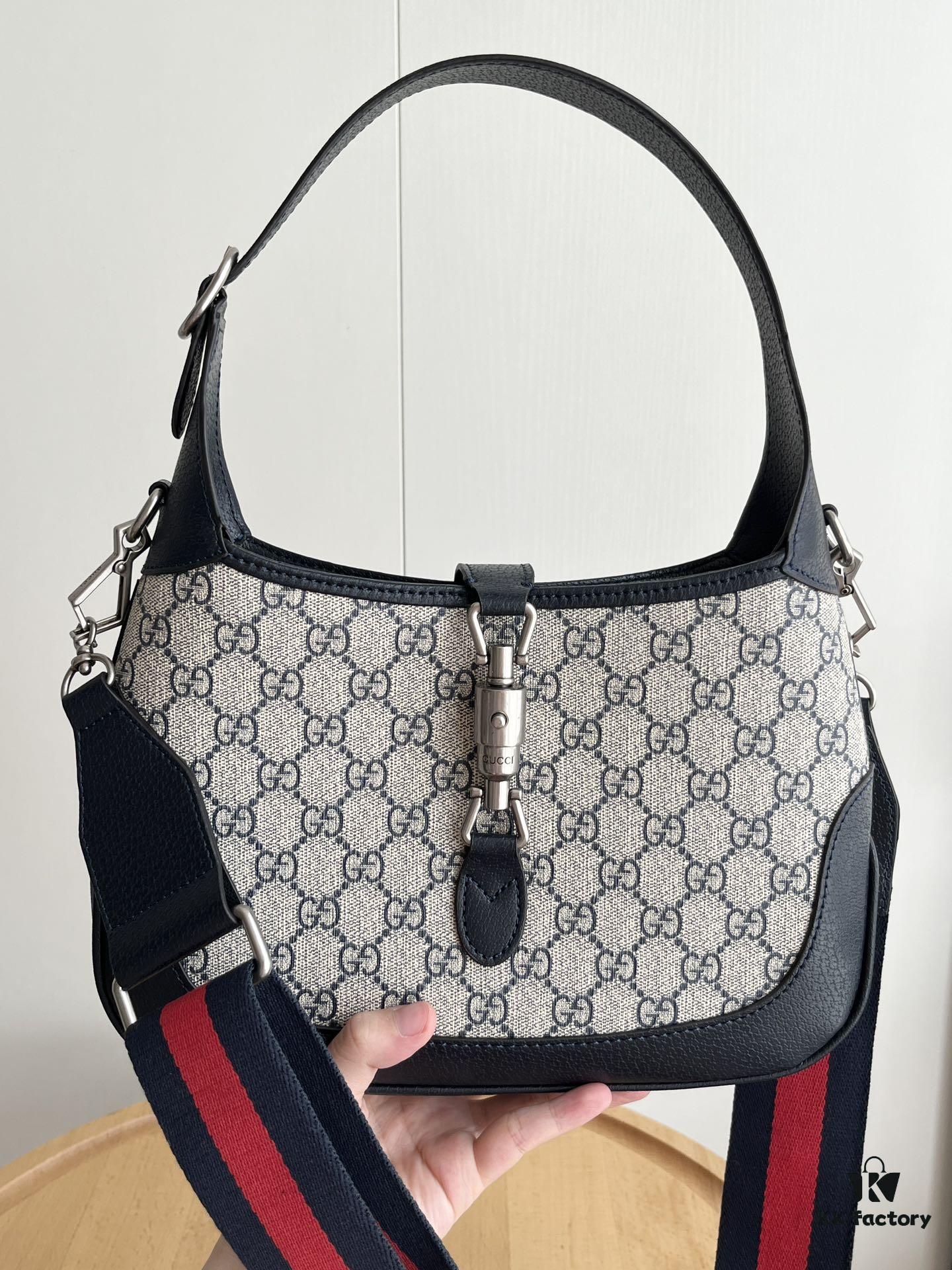 Gucci UN3AG 1294 Jackie 1961 Small Tote Bag - Black and Ivory GG Denim Jacquard with Leather Trim