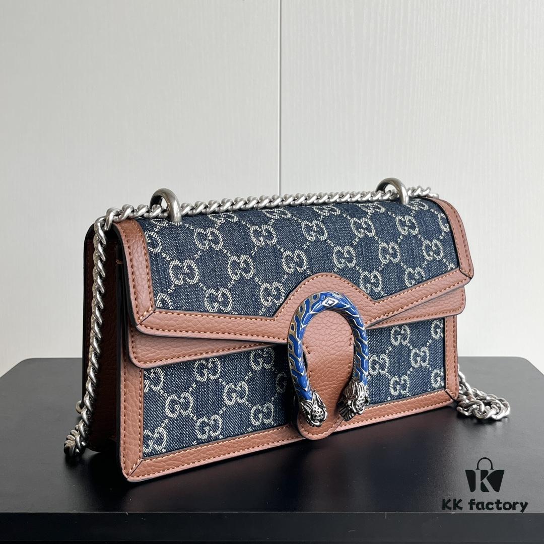 Upgraded Version Genuine GUCCI Dionysus Blue Denim Bag with Tiger Head Diamond Clasp